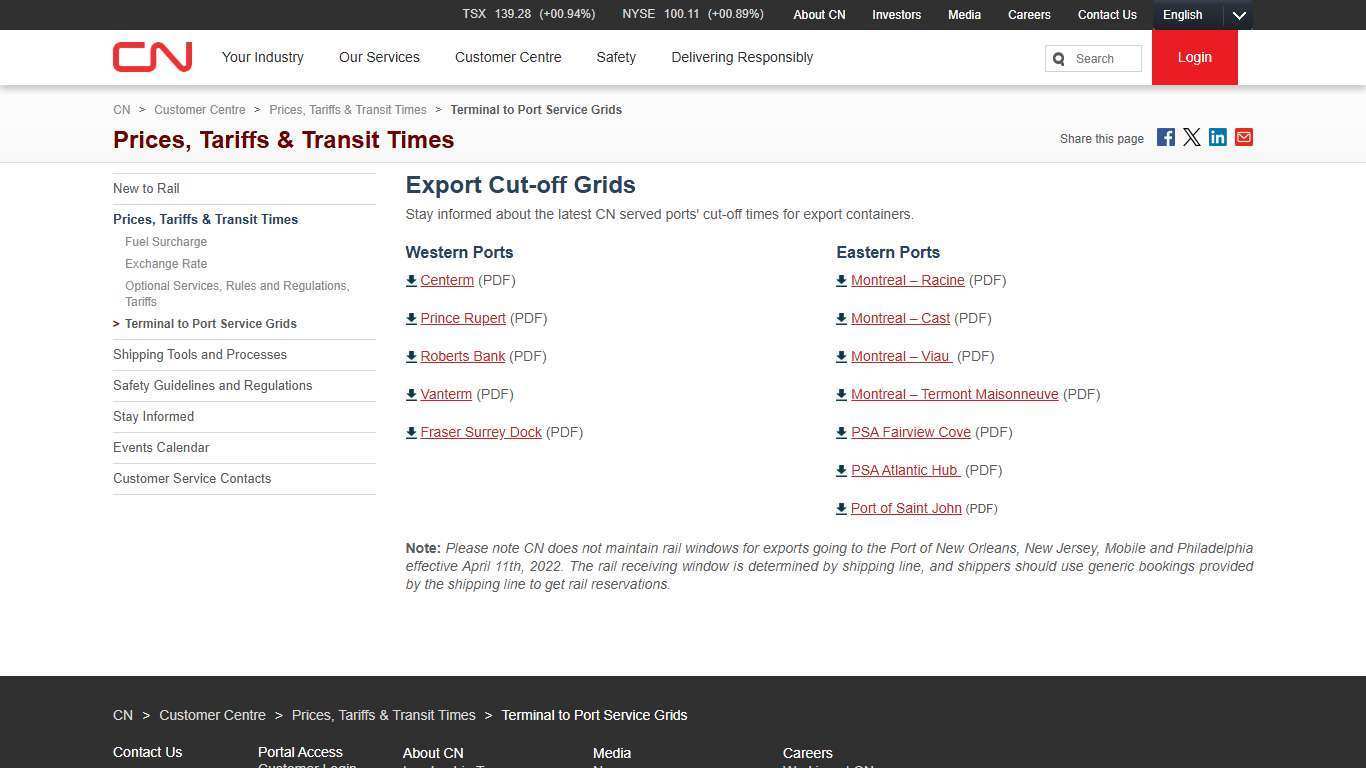 Terminal to Port Service Grids| Prices, Tariffs & Transit Times | Customer Centre | cn.ca